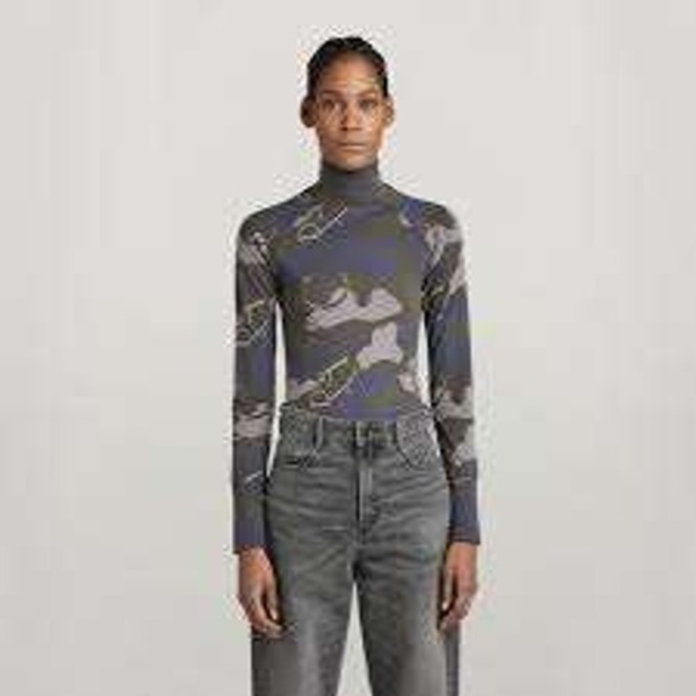 G-Star Raw Lecite AO Slim Turtleneck Top Magna Deco Camo Blue Grey D18540-C340 S